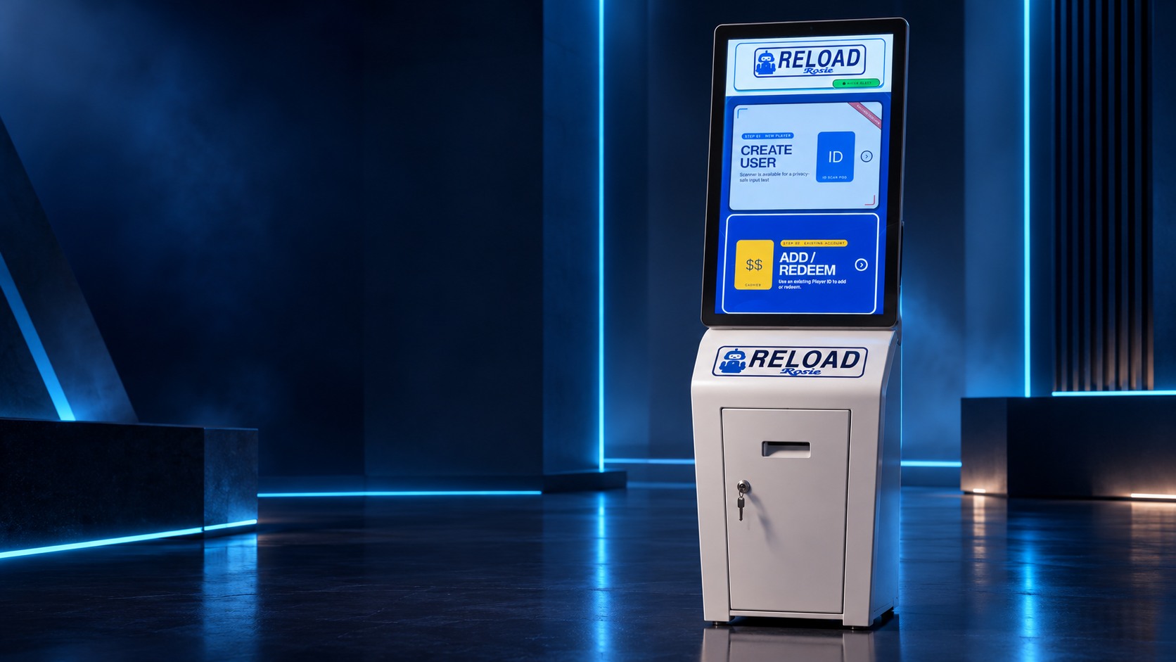 The complete Rosie self-service kiosk in a blue technology showroom