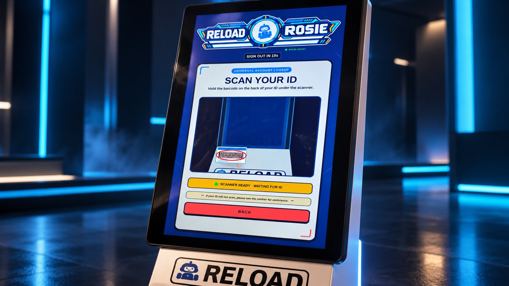 Rosie kiosk displaying its guided ID scanner in a blue technology showroom