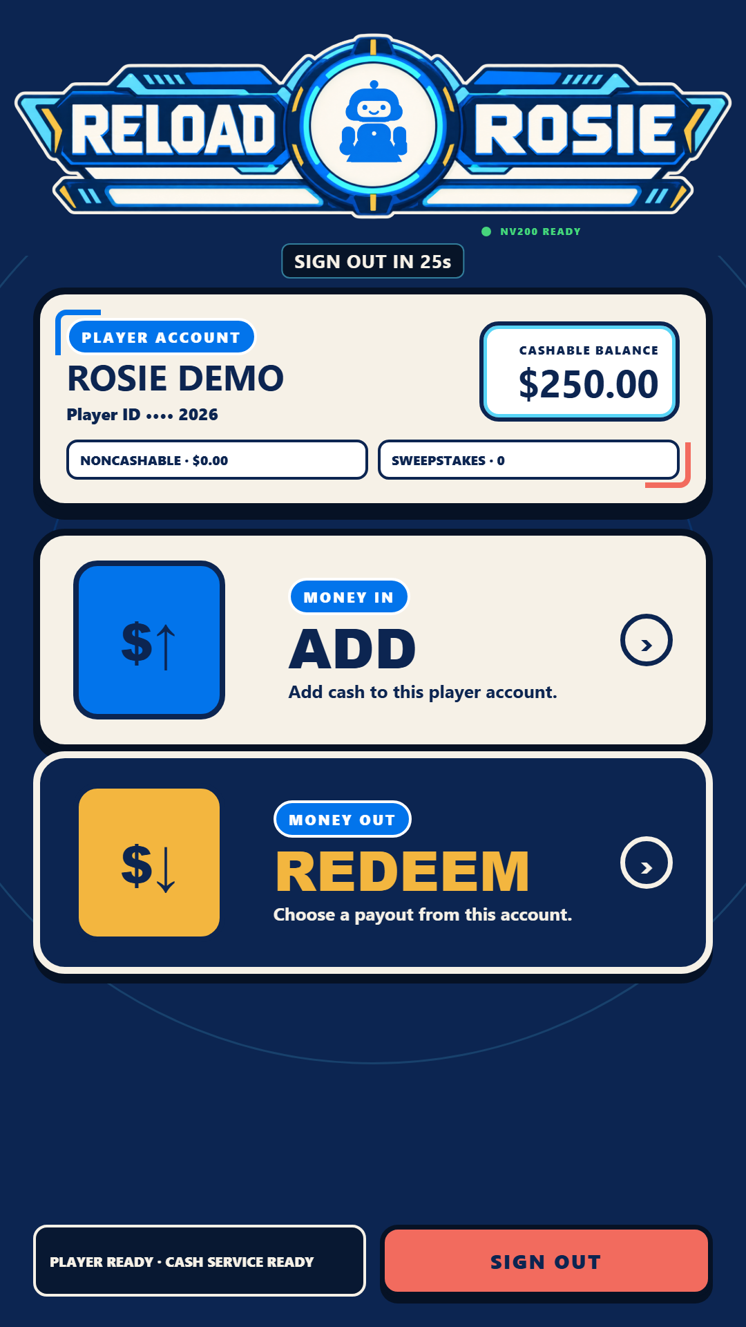 Rosie software Add and Redeem selection screen using a fictional demo account